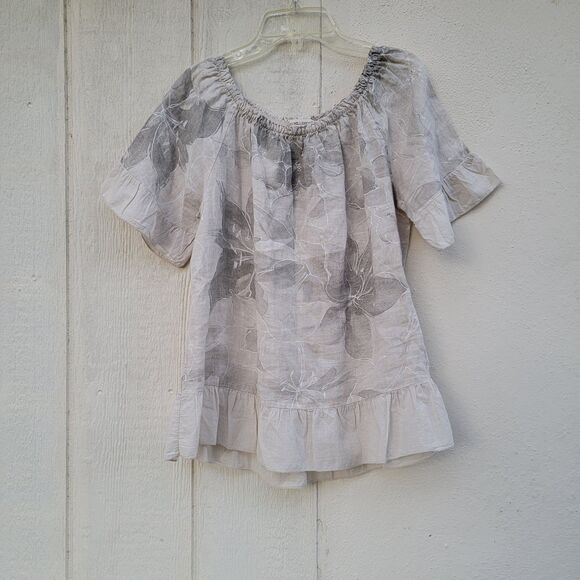 Terzo Mellennio tan gray floral linen top size med - Picture 1 of 4